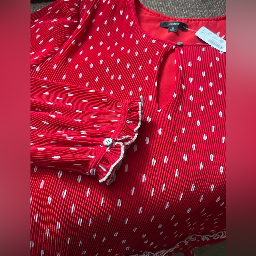 ♥️ J. Crew NWT Vibrant Red and White Ruffle-Trim Pleated Peplum Women's Blouse